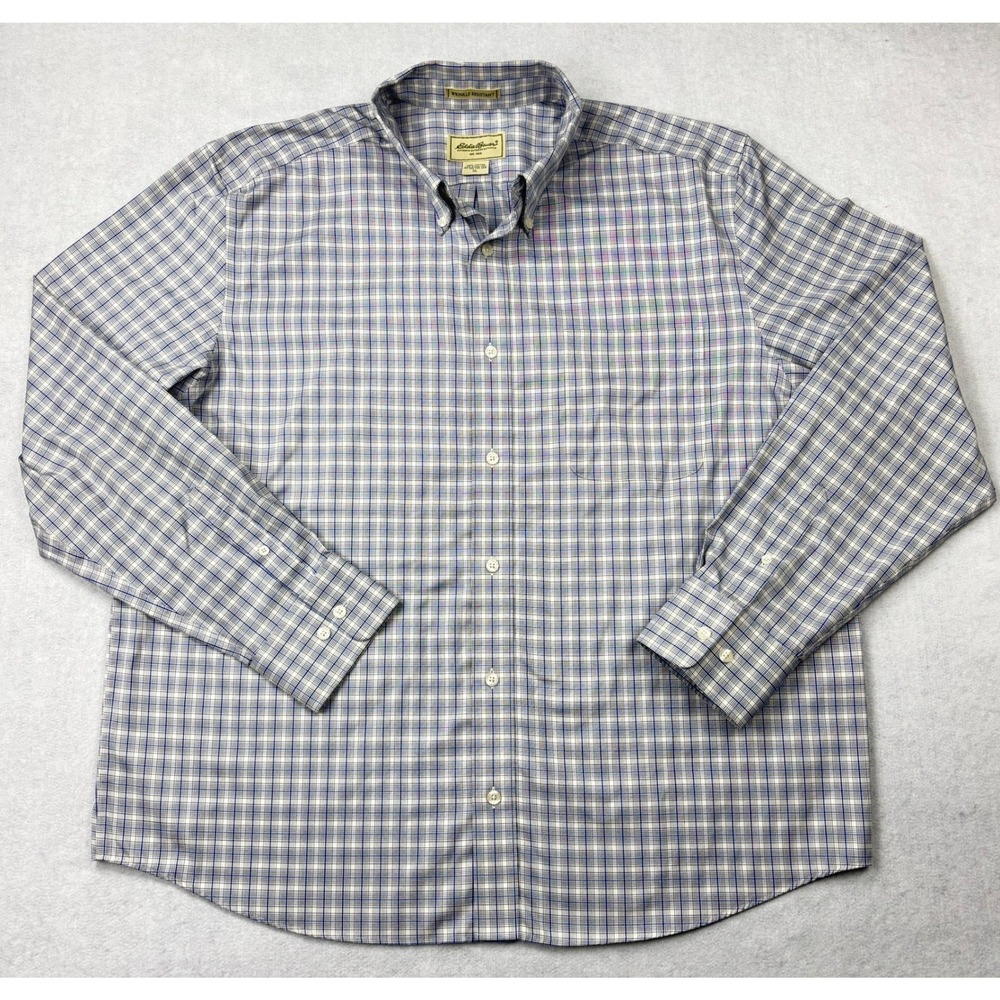 Eddie Bauer Mens XL Long Sleeve Button Down Shirt Blue Plaid Wrinkle Resistant
